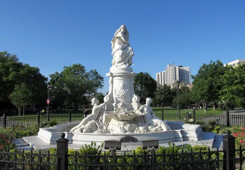 The park's fountain features a life-size figure of Lorelei rising above three mermaids at the base