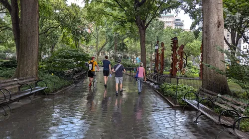 Rain-slicked pathways wind through lush greenery after a summer shower