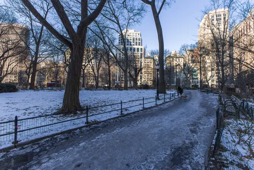 Snow-covered walkway with bare winter trees and Manhattan buildings beyond