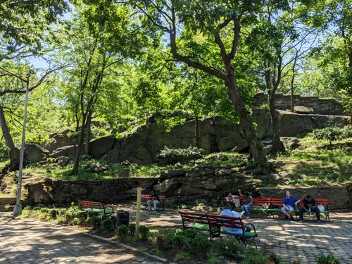 Park benches provide relaxation in the shade