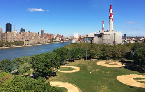 An elevated northward view of the park landscape
