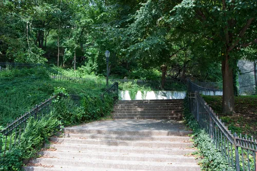 Stone stairway winds through lush greenery in the park