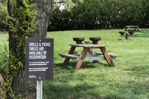Picnic tables on the southwestern tip of Governors Island