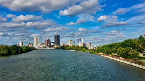 Rochester's downtown skyline with the park visible on the right