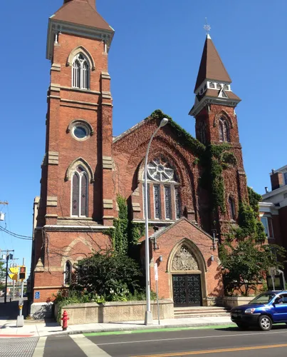 Park Central Presbyterian Church sits directly across the street from the park's east side