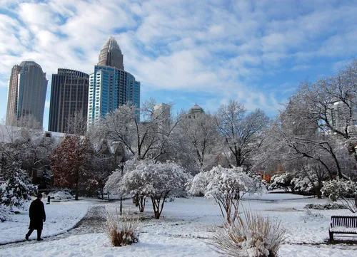 Winter snow blankets the park with Charlotte towers in the background