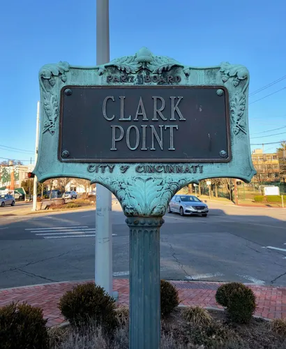 The Clark Point sign in Cincinnati's ornate cast iron style
