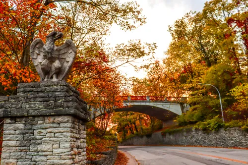 One of four eagle statues along Eden Park Drive with the historic Melan Arch Bridge in the background