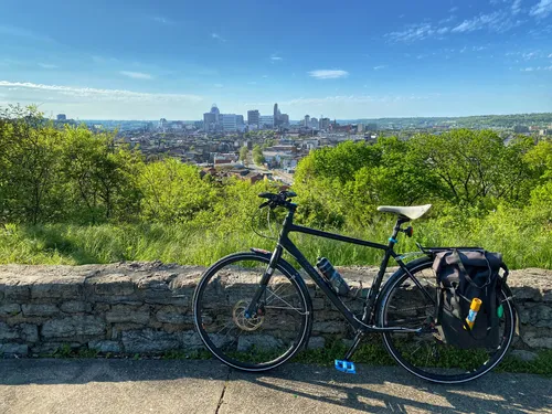 Bicycle parked at the scenic overlook with Cincinnati skyline in the distance