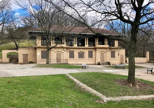A closer look at the Inwood Park Pavilion, revealing its covered upper level