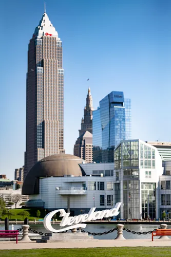 Cleveland's skyline towers above the iconic script sign