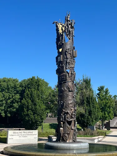 The Tower of Reconciliation rises 25 feet tall in the central plaza