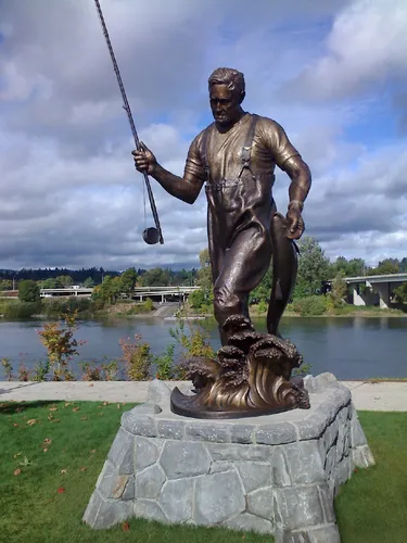 The Tom McCall Memorial depicts Oregon's 30th Governor fly-fishing along the Willamette River