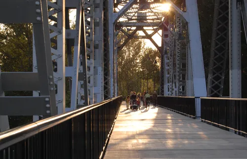 Looking along the pedestrian deck of the historic Union Street Railroad Bridge