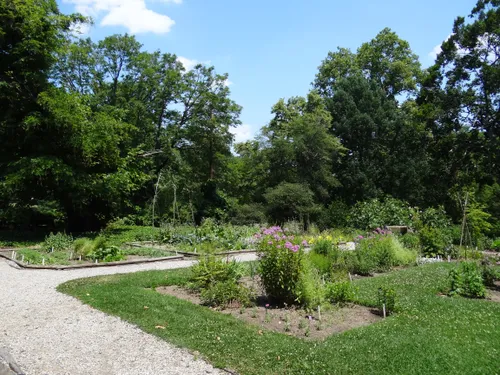 Gravel paths lead through the formal garden area