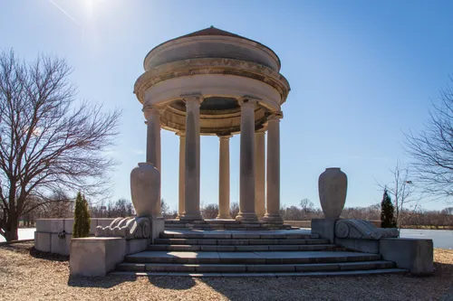 The gazebo overlooks Meadow Lake on a clear winter day