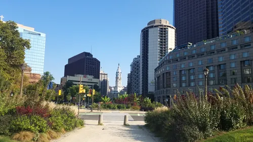 A view from the park towards southeast shows Philadelphia City Hall in the distance
