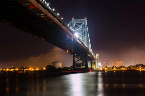 Benjamin Franklin Bridge illuminated at night over the Delaware River