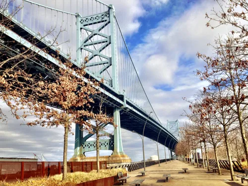 Looking along the pier beneath the Benjamin Franklin Bridge