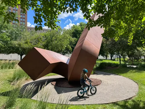 One of the curling walking paths leads to this large Corten steel sculpture