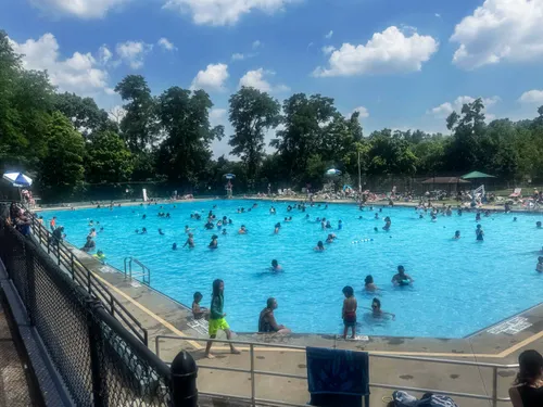 Swimmers enjoy the outdoor pool on a sunny summer day