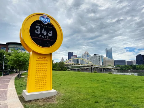 NFL Draft countdown clock on the North Shore Great Lawn near Acrisure Stadium