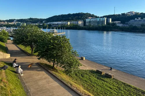 The Monongahela River flows gently alongside the park