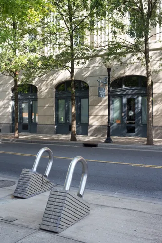 Two giant padlocks serve as bike racks on Church Street