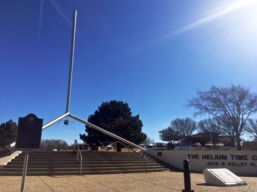 Helium Time Columns Monument gleams under bright Texas sunshine