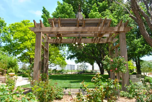 Wooden pergola creates an inviting pathway through the garden