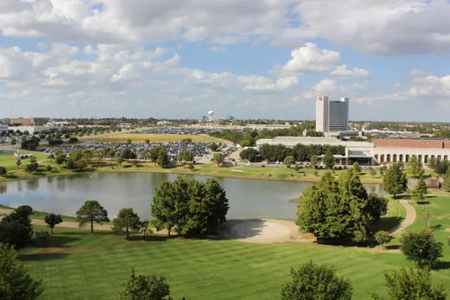 Scenic view of the park grounds and Mark Holtz Lake