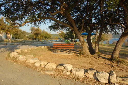 The paths near the parking lot are lined with large rocks and trees