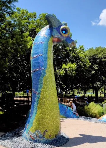 Nessy the Lakeness Dragon, a colorful mosaic sculpture