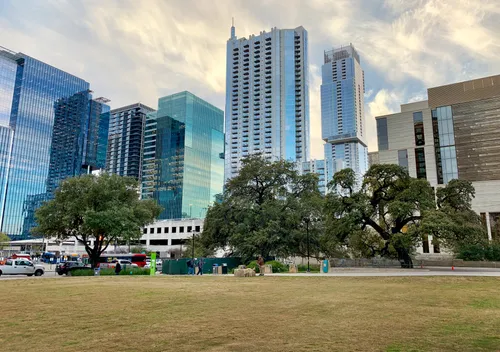 Towering downtown Austin skyscrapers frame Republic Square