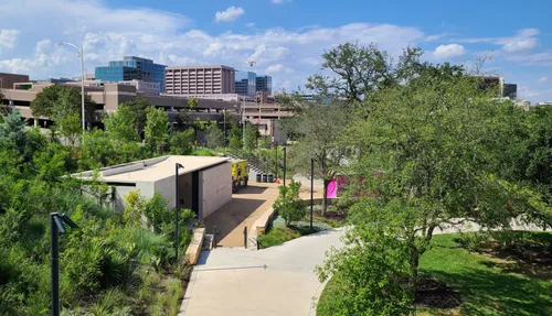 An elevated view of the park's west edge