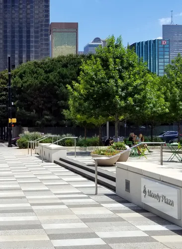 Modern steps and seating area at the plaza entrance