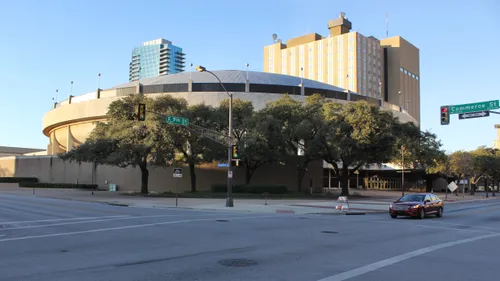 The Fort Worth Convention Center's flying saucer-shaped arena along 9th Street