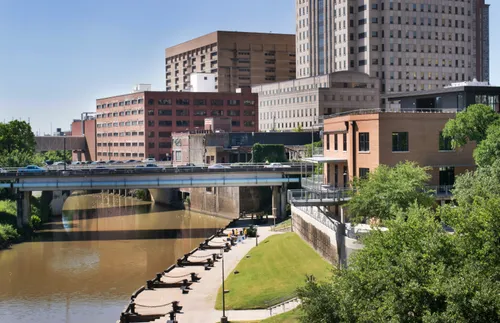 Buffalo Bayou flows alongside the park