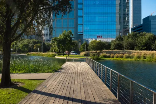 A wooden boardwalk stretches into Kinder Lake