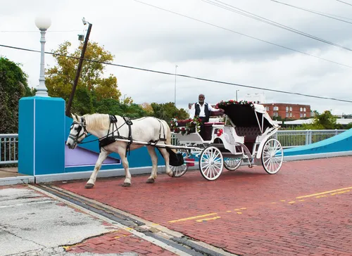A horse-drawn carriage crosses the colorfully painted McKee Street Bridge