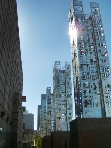 Seven Wonders art columns rise dramatically above the park