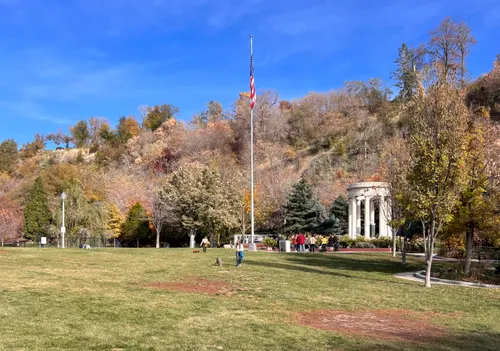 The World War I Pagoda memorial with its eight Doric columns seen across the lawn