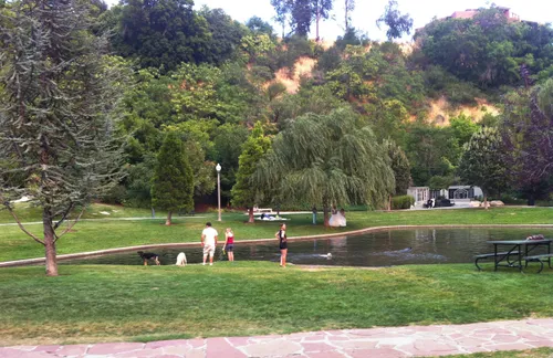 City Creek and the park's green lawn on a fine summer day