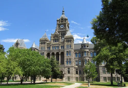 The impressive Salt Lake City and County Building stands in the center of the park