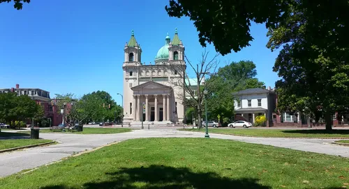 The Cathedral of the Sacred Heart stands directly beside the park