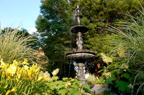 A Victorian-style tiered fountain is the park's centerpiece