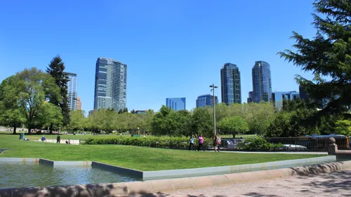 Water feature with downtown towers in background