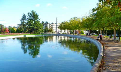 Visitors enjoying the park landscape around the pond