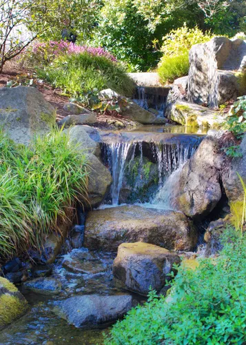 Water feature with carefully arranged stones at Bellevue Botanical Garden
