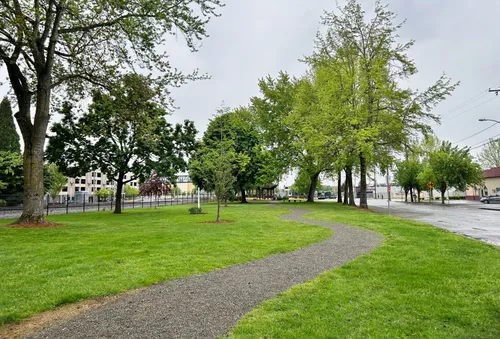 A gravel pathway winds through the green lawn